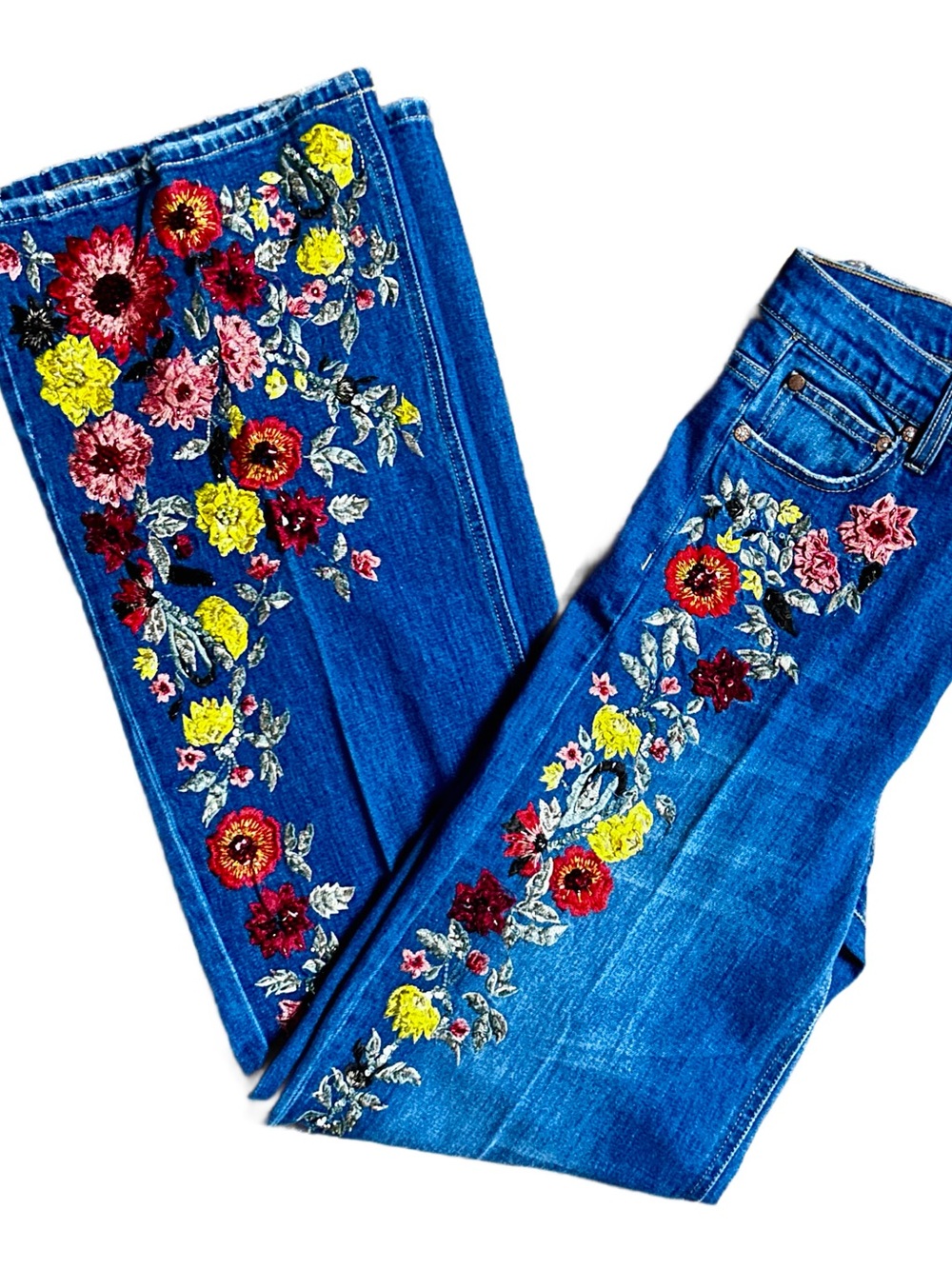 Alice + Olivia ~ Size 27 ~ Blue Denim W/ Multi-Colors Embroidery Floral Jeans - Picture 3 of 16